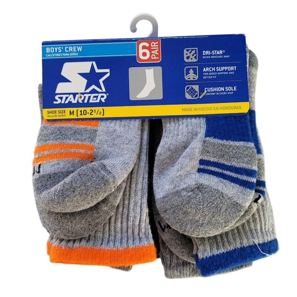 Starter Crew Socks Gray SZ 10-2.5 M 6 Pair Ribbed Dri-Star Support Cushion NEW